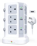 KOOSLA Dual 20W USB C Tower Extension Lead [PD 3.0/QC 3.0], 12 Way Extension Tower with 4 USB A Output [13A 3250W] Surge Protected Plug Extension for Office, Home, School, 2M Extension Cord, White