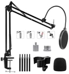 Boom Arm Mic Stand for Blue Yeti, HyperX Quadcast, Nano, Snowball, Elgato Wave, Fifine K688 and Other Mic, Adjustable Microphone Arm Stand with 3/8" to 5/8" 1/4" Screw, Pop Filter Mic Clip Cable Ties