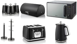 Swan Serenity Black Kettle Toaster Digital Microwave  & Kitchen Storage Set