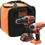 BLACK+DECKER BCK21S1S-QW Kit Perceuse a percussion et Visseuse a impact sans fil - 1 batterie - Livre en sac de rangement, 18