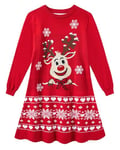 Girls Christmas Red Jumper Dress 4-11 Years Kids Winter Long Sleeves Knit Dresses XmasTree Reindeer Snowflake Dress 10-11 Years