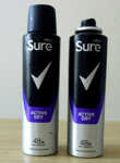 2 x Sure Men - Active Dry, 48H Anti-perspirant. 150ml spray. Missing cap.