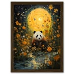 Artery8 Harvest Moon Panda Landscape Oil Painting Panda Bear in a Wildflower Meadow with Flowing Stream Kids Bedroom Artwork Framed Wall Art Print A4