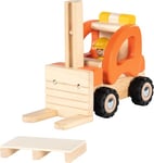 goki 55850 Chariot élévateur en bois, véhicule de jeu robuste avec pneus en caoutchouc mobiles, surface de chargement réglable et palette, favorise la motricité et l'imagination des enfants, 20 cm x 9