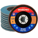 Workpro - Lot de 10 Disques Abrasifs à Lamelles de Haute Qualité, Disque de Meulage 115 mm, Grain 80 pour Enlever Ebavure, Rouille, Polissage,