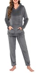 Lovasy Fleece Pyjamas for Women Ladies Fluffy Fleece Hooded Pyjamas Winter Warm Fluffy Pjs for Women Sets with Pockets,Dark Grey,XXL