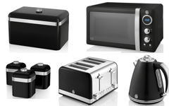 Swan Retro Black Kettle Toaster Microwave Breadbin Canisters Kitchen Set of 7