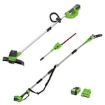 Greenworks Coupe-bordures à batterie G40LT et Scie à perche à batterie & Taille-haies télescopique 2-1 G40PSH (Li-Ion 40 V 30cm largeur de coupe 7000U/min avec batterie 2Ah et chargeur)