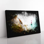 Big Box Art Lighthouse by The Coast Paint Splash Canvas Wall Art Print Ready to Hang Picture, 76 x 50 cm (30 x 20 Inch), White, Gold, Grey