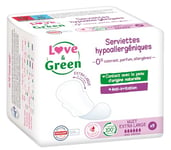 Love & Green Serviettes hygiéniques, écologiques et hypoallergéniques - certifiées Ecolabel et Dermatest - "NUIT EXTRA LARGE" x 9 : Sans colorant, parfum, allergènes