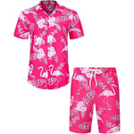 Herr Hawaiian skjorta och shorts set Regular Fit kortärmad casual funky strand Flamingo skjorta set L Pink