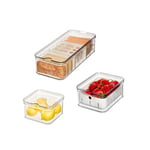 iDesign Boite de Rangement Cuisine, Organisateur frigo avec Couvercle en Set de 3, bac de Rangement Plastique recyclé pour l'organisation du Garde-Manger, Transparent et Blanc