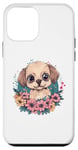 Coque pour iPhone 12 mini Adorable chiot entouré de fleurs colorées