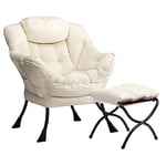 HollyHOME Fauteuil avec Repose Pied Fauteuil Salon Velours, Fauteuil Relax Fauteuil de Lecture Fauteuil Scandinaves Fauteuil Chambre Chaise D'appoint en Acier, Beige