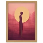 Sunrise Solitude Minimalist Artwork Plum Pink Gold African Woman Silhouette in Golden Sun Halo Artwork Framed Wall Art Print A4