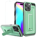 ORETECH Coque pour iPhone 15 Pro Max avec [1 Verre Trempé] et [Béquille] Antichoc Dos PC Rigid Bumper TPU Souple Protection iPhone 15 Pro Max Coque iPhone 15 Pro Max avec Support,Vert