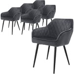 Lot de 6 Chaises de Salle à Manger avec Accoudoirs et Dossier, Anthracite, Revêtement en Velours, Pieds en Métal Noir, Chaise de Cuisine pour Table à