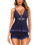 RSLOVE Ensemble Pyjama Sexy pour Femmes Camisole en Dentelle et Short V-Neck - Vêtements de Nuit en Modal Nightwear Bleu Maerine M