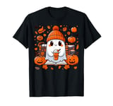 Cute Ghost Reading Book Fall Autumn Coffee Halloween Design T-Shirt