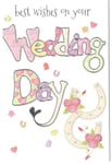 Best Wishes On Your Wedding Day Card. Hearts & Horse Shoe Design.