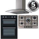 SIA 60cm Black Built In Double Oven, 70cm 5 Burner Gas Hob & Curved Cooker Hood