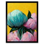 Elegant Peony Floral Bouquet Yellow Teal Pink Flowers Painting Art Print Framed Poster Wall Decor 12x16 inch