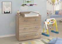 Commode enfant avec table à langer amovible 80x71,8x90 cm 3 tiroirs MIA Chêne