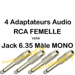 4 Adaptateurs Jack 6,35 Mâle Mono vers RCA Femelle Capot Métal