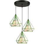 3 Lampes Suspension Vintage 25cm Lustre Suspension Fer Abat-jour en Forme Diamant Luminaire Salle à Manger Chambre Salon Vert