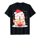 Cute Cat Boba Milk Bubble tea Christmas Santa Hat Funny Xmas T-Shirt