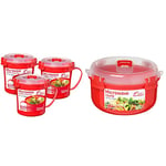 Sistema Microwave Soup Mugs | Microwave Food Containers with Steam Release Vents | 656 ml | Red | 3 Count & Microwave Round Bowl - Microwave Food Container - 915 ml - BPA-Free - Red/Clear