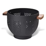 Passoire en métal avec poignée en bois, revêtement en poudre, passoire en métal de 22 cm, grande passoire de cuisine avec base stable, parfaite pour les pâtes, les fruits, les légumes (noir mat)