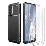 LYZX Coque pour Coque Oppo A74 5G+ 3 Morceaux de Protecteur d'écran en Verre trempé, étui de téléphone TPU Ultra-Mince et Durable,Gaine de Protection en Fibre de Carbone,Noir