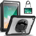 Gerutek for iPad 6th/5th Generation Cases With Screen Protector, iPad Pro 9.7 Case, iPad Air 2 Case Shockproof with [360° Stand][Hand & Shoulder Strap][Pencil Holder] Case for iPad 9.7, Black/Clear