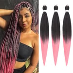 Braiding Hair Pre Stretched - 26 Inch Pre Stretched Braiding Hair 1B/Pink Braiding Hair Soft Yaki Texture 3 Packs Crochet Hair Extensions Braids for Black Women (26 Inch(3Packs), 1B/Pink)