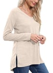 PrinStory Ladies Jumpers Long Sleeve Tops Womens Lightweight Jumpers Vneck Tunic Side Zipper Tshirt UK Size 18-20 (VG Beige, XL)