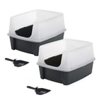 Iris Ohyama Cat Litter Tray with Scoop, Set of 2, Grey, Easy to Clean, Cat Litter Box, Detachable Spill Preventing Walls, For Kittens, Adult Cats, Rabbits, BPA Free, Open Top, Modern, CLH-12