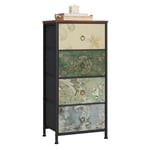 WOLTU Commode à 4 Tiroirs en Tissu, Chiffonnier, Meuble Rangement, pour Chambre/Entrée/Salon, Marron Rustique+Noir+Motif de Fleur Vintage, Cadre en Métal, 45x30x95cm, SSK011pw