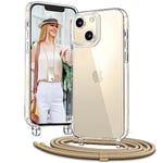 Vaykwo Cordon Coque pour iPhone 13/iPhone 14 6.1'', Coque avec Collier Réglable pour iPhone 13/iPhone 14, Protection Complète à 360 degrés Transparente avec Tour de Cou, Doré