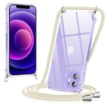 Yoedge Coque pour iPhone 12 / iPhone 12 Pro avec Cordon 6,1", Transparente Coque Collier Réglable Téléphone Étui Portable Lanyard Housse, Etui avec PC + TPU Bumper Anti-Chute Protection Case, Beige