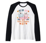 He or She What Will Our Little Pumpkin Be Halloween Gender Raglan Baseball Tee