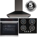 60cm Black Pyrolytic Digital Single Fan Oven, 4 Burner Gas Hob & Chimney Hood