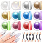 BISHENGYF Poudre Chrome Ongle, 【Adapté aux Débutants】12PCS Paillette Ongles Nail Art avec Effet Miroir, Holo Poudre à Ongles, Pearl Effect Powder pour Glazed Donut Nails(0.1g/pot)