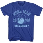 Mega Man - mega University - Blue Front Print Short Sleeve Solid Adult T-Shirt