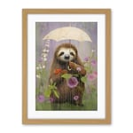 Artery8 Picking Flowers in the Rain Oil Painting Cute Sloth with an Umbrella in a Wildflower Meadow Kids Bedroom Artwork Framed Wall Art Print 18X24 Inch