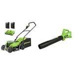 Greenworks Tondeuse à gazon à batterie2x24V 36cm GD24X2LM36K2xavec batterie 2x2Ah et chargeur à double fente et souffleur de feuilles axial 24V outil G24AB uniquement