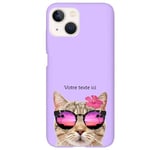 Coque violet Iphone 14 chat lunettes personnalisee