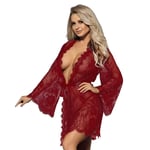 Robe De Chambre Satin Femme,Lingerie Sexy Grande Taille Transparent Cils Dentelle Babydoll Robe Robe Peignoir Kimono Chemises Homewear Vêtements De Nuit pour Les Cadeaux De La Saint-Valentin,Rouge,3