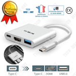 Adaptateur USB 3 en 1 Multiport USB 3.1 type C/Thunderbolt 3 vers USB 3.0 + HDMI multisupport Macbook Chromebook, Gris PC