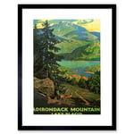 Adirondack Mountains Lake Placid Lakeside Forest Nature Landscape Illustration Travel Poster Framed Wall Art Print Picture 12X16 inch